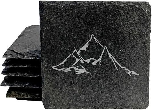 Mountain Majesty Slate Coasters with Stunning Mountain Scene Design - Perfect for Home and Office Decor and Protection of Surfaces, Available in Square or Round Coasters - Square Slate - Set of 6