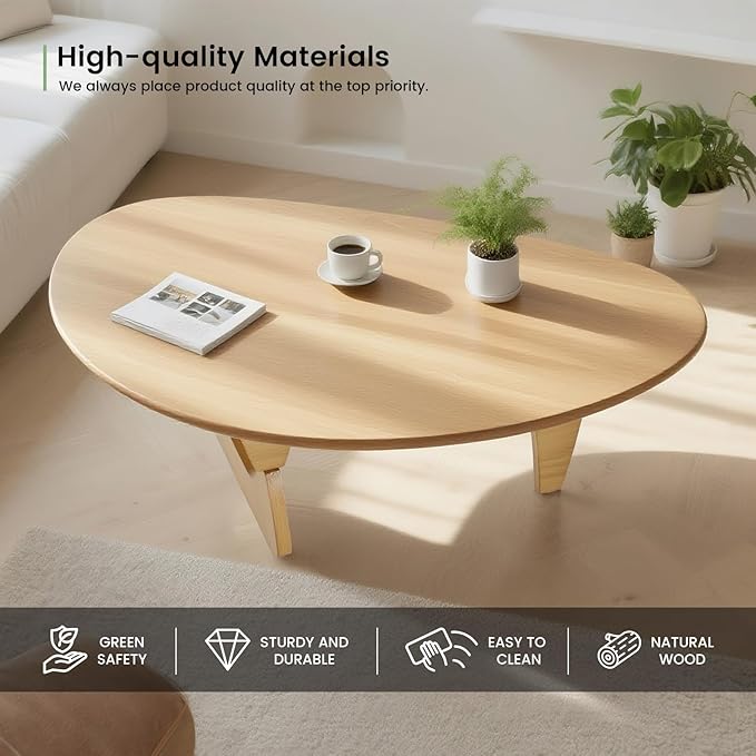 Solid Wooden Modern Triangle Coffee Table: Unique Funky Coffee Tables for Living Room, Oval Mid-Century Irregular Abstract Tea Tables for Patio Office Balcony Bedroom (Natural, 35" L x 24" W x 16" H)