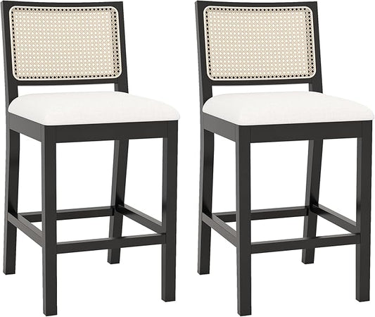 Westice Rattan Bar Stools Set of 2, 26" Farmhouse Counter Height Stools with Cane Back and Wood Frame, Upholstered Line Fabric Seat Cushion, Wooden Chairs for Kitchen Island/Pub, Black