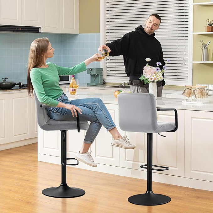 Furniliving Bar Stools Set of 2 with Armrest, Adjustable Square Velvet Barstools for Kitchen Counter, 360°Swivel Counter Barstools for Dining Room(Grey)