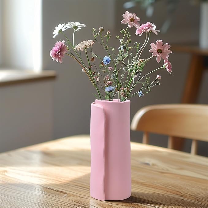 Pointnio Pink Ceramic Flower Vase,8 Inch Modern Boho Origami Decorative Vase for Home Decor,Small Vases for Pampas Grass,Minimalist Vase for Fresh Flowers,Dried Flowers,Table Shelf Living Room Decor