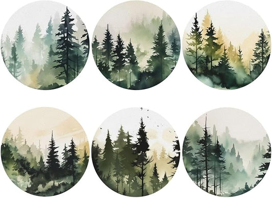 Forest Pine Trees Coasters Set of 6 Coasters for Drinks Absorbent Double-Sided Leather PVC Coaster for Tabletop Protection Coffee Table Decor Ideal for Home Decor House Warming Gifts