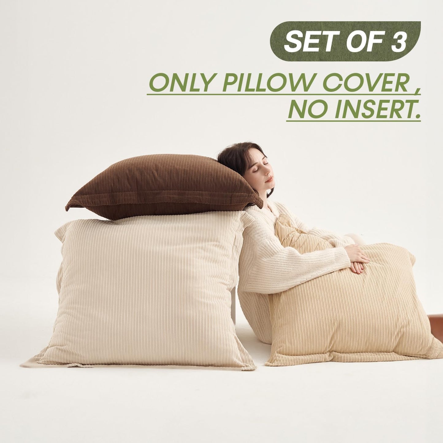 Set of 3 Corduroy Large Pillow Covers 28x28inch, Super Soft-Touch Boho Vintage Earth Tones Cushion Cases for Sofa, Living Room, Bedroom, Office,Game Home（Dark Brown, Beige & Camel）