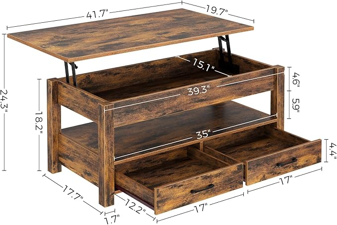 Rolanstar Coffee Table, Lift Top Coffee Table with Drawers and Hidden Compartment, Retro Central Table with Wooden Lift Tabletop, for Living Room,Rustic Brown