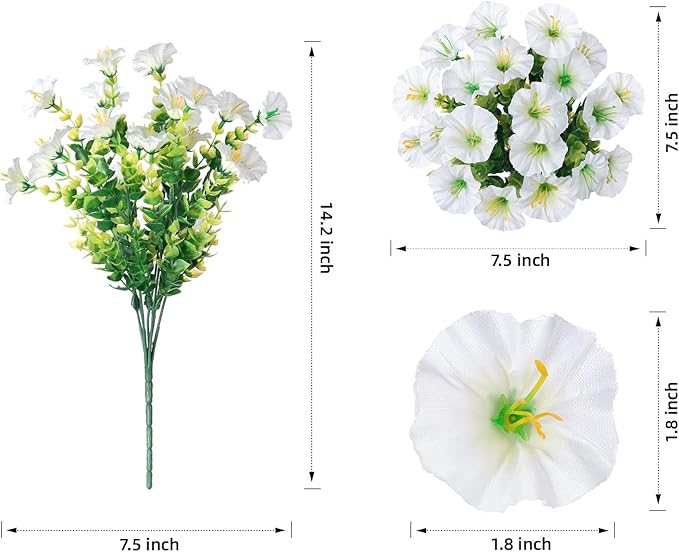 Artificial Flowers Fake Plants for Outdoors Decoration, 12 Bundles White Silk Morning Glory with Eucalyptus Realistic UV Resistant Faux Flowers for Outside Planter Porch Yard Patio Garden Home Indoor