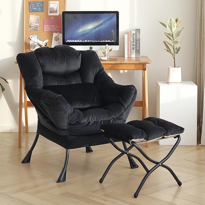 Lazy Chair with Ottoman, Modern Accent Chair with Lumbar Pillow, Comfy Chairs with Folding Footrest for Bedroom, Reading, Oversized Supportive Lounge Chairs(Velvet Black)