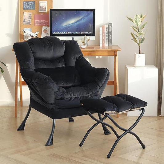 Lazy Chair with Ottoman, Modern Accent Chair with Lumbar Pillow, Comfy Chairs with Folding Footrest for Bedroom, Reading, Oversized Supportive Lounge Chairs(Velvet Black)