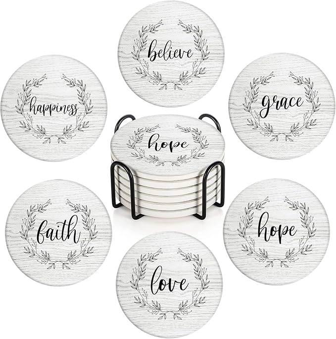 Britimes Coaster for Drinks Set of 6, White Wood Inspirational Love Wreath Absorbent Round Ceramic Stone Mat, with Cork Base and Metal Holder, Gift for Housewarming Room Bar Decor