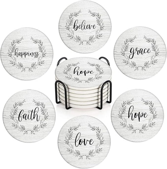 Britimes Coaster for Drinks Set of 6, White Wood Inspirational Love Wreath Absorbent Round Ceramic Stone Mat, with Cork Base and Metal Holder, Gift for Housewarming Room Bar Decor