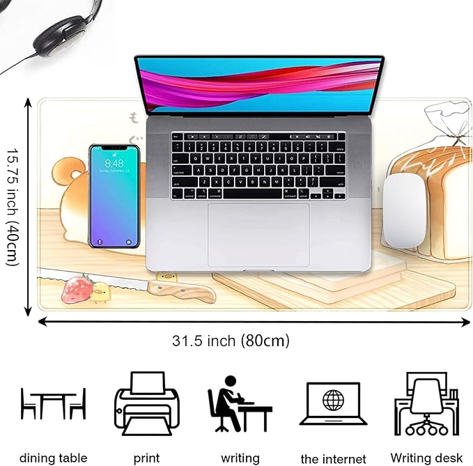 Cute Desk Mat Anime Cartoon Desk Pad Mouse Pad Kawaii Large Yellow Shiba Inu Gaming Mousepad XXL Laptop Keyboard Desktop Writing Pad Stitched Edge Desk Accessories for Girls Students 31.5''X15.7''