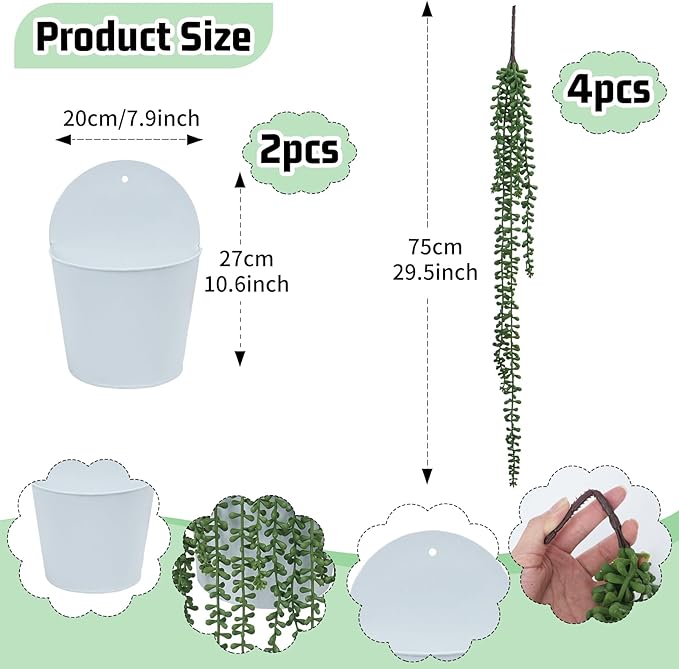 4 Pack String of Pearls Artificial Plant with Wall Planters 29.5 Inch Faux Hanging Succulents Pearl Fake Draping Plants in Pots for Home Indoor Outdoor Shelf Wall Decor
