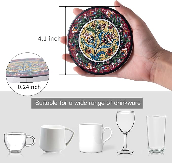 Coasters Absorbent Ceramic Coaster Drink Coasters with Cork Back Turkish Mandala Pattern Set of 6 Round Coaster Non Slip for Coffee Table Wine Glass Home Bar 4 Inch, Colorful