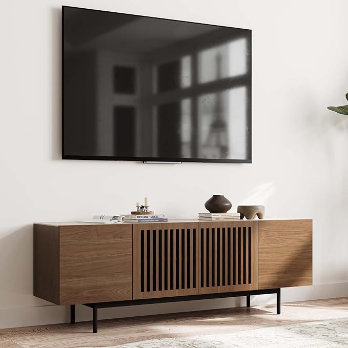 POVISON Fully-Assembled Mid Century Modern Sintered Stone TV Stand, Slatted Media Console TV Cabinet with Tall-cast Metal Legs, Fluted Entertainment Center with Storage (Walnut, 62.99")