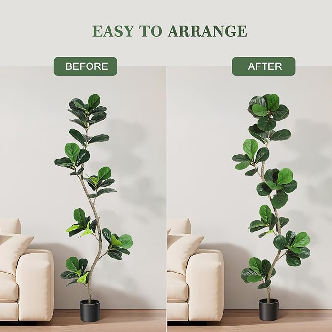 GarveeHome Artificial Fiddle Leaf Fig Tree - 6FT Fake Plant with Black Nursery Planter, Large Fake Tree for Home or Office Decor - Artificial Plants Indoor Outdoor,Housewarming Gift