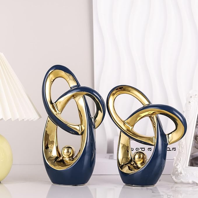 Blue Gold Modern Abstract Art Home Accents, Coffee Table Decor for Living Room, Table Centerpieces for Dining Room, Ceramic Sculptures for TV Stand Decor