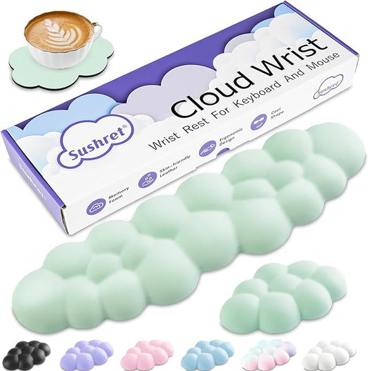 Cloud Wrist Rest Keyboard, Cloud Keyboard Wrist Pad Set with PU Leather Memory Foam, Cute Arm Rest for Palm Support, PC/Gaming Desk Accessories/Office Setup/Computer Hand Cushion - Light Green