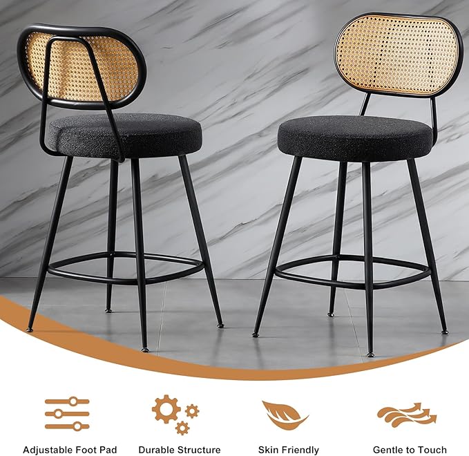 26" Rattan Barstools Set of 2, Counter Height Bar Chair with Black Metal Legs, Modern Armless Sherpa Pub Chair, Adjustable Feetpads Stools for Home Counter, Kitchen Dining Island, Cafe(Black)