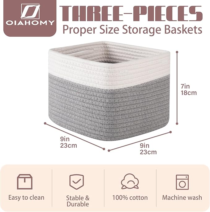 OIAHOMY 9”x9”x7” Storage Cubes, Cotton Rope Woven Baskets for Organizing, Cube Storage Bin, Small Gift Basket for Shelf, 3-Pack, Grey&White