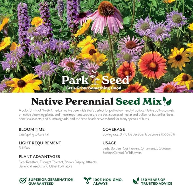 Park Seed Grow Your Own Vibrant Perennial Wildflower Garden Seeds Mixture, Easy to Grow Varieties for Pollinators and Spring Gardens - Native Perennial Mix, 1 lb