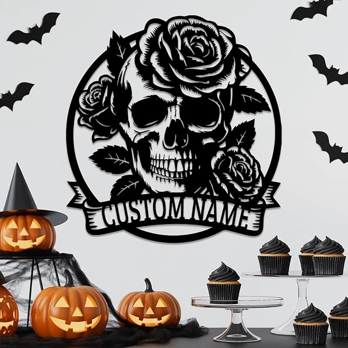 Personalized Skull and Rose Metal Sign, Custom Name Gothic Rose Decor for Garage, Man Cave, Motorcycle Club, Halloween Party, Custom Halloween Metal Wall Art, Spooky Skeleton Home Decor