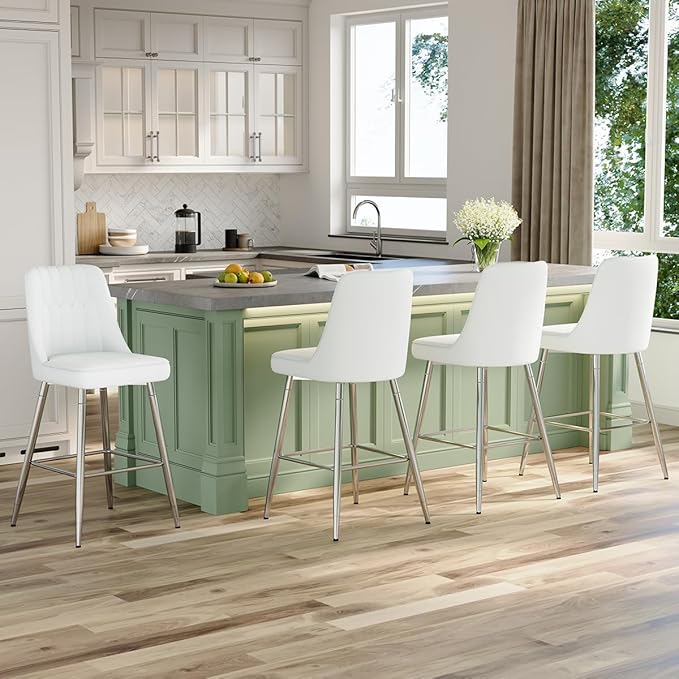 27" Bar Stools Set of 4 - White Counter Height Bar Stools Set of 4,Faux Leather Kitchen Island Stools with Sturdy Chrome Metal Leg,Counter Height Stools with Backs,Easy to Assemble