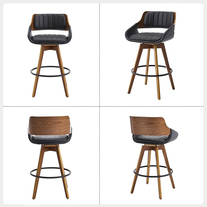 Swivel Bar Stools Set of 2, Walnut Counter Height Bar Stools with Back and Arms, 26" Modern Faux Leather Upholstered Bar Chairs for Kitchen Island Bar-Black