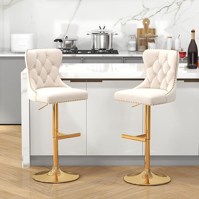 Bar Stools Set of 2, Velvet Swivel Counter Height Stools with Tufted Back, Adjustable Seat with Nailheads Trim, Upholstered Bar Chairs with Gold Base for Kitchen Island, Pub, Beige