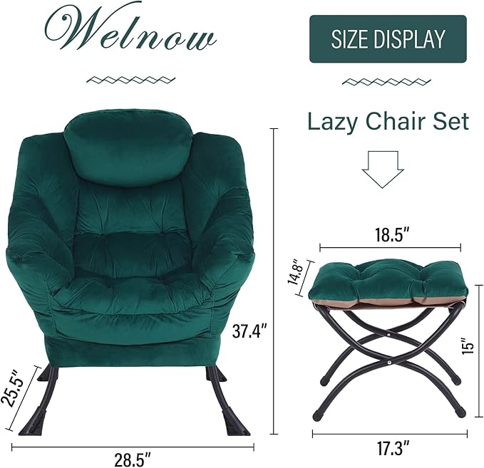 Welnow Lazy Chair with Ottoman, Modern Lounge Accent Chair with Armrests and a Side Pocket, Leisure Sofa Armchair, Reading Armchair with Footrest for Small Space, Dark Green
