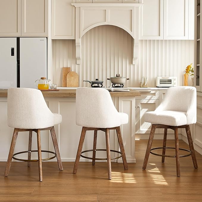 IWOOD Mid Century Modern Counter Height Bar Stools Set of 3,360° Swivel Barstools with Solid Wood Legs,26'' Island Chairs with Wrap-Around Backrest,Beige Linen Comfort Fabric