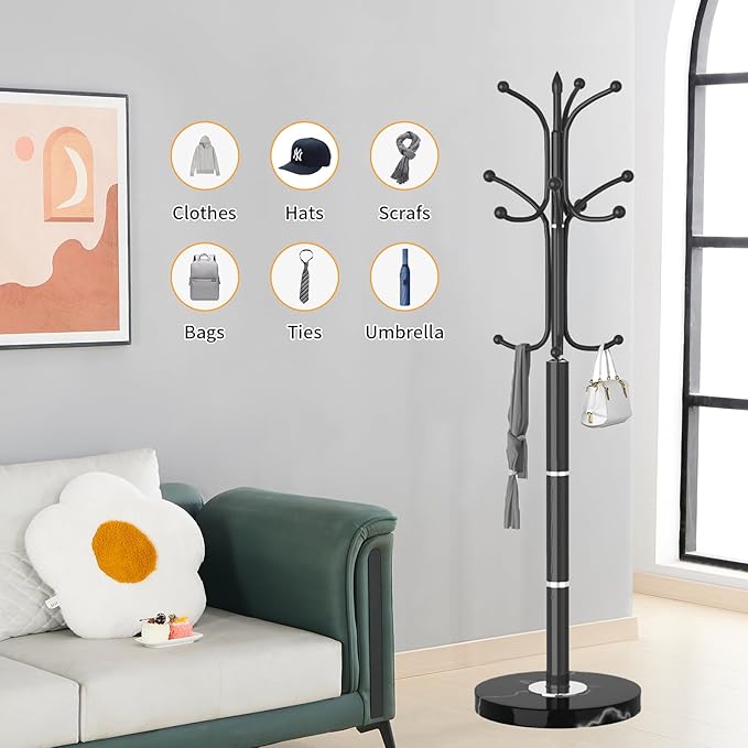 Metal Coat Rack Freestanding, Sturdy Coat Rack Stand with Natural Marble Base, Modern Black Coat Racks Tree Hats Hanger Holder Stand for Entryway, Hallway, Office(12 Hooks)