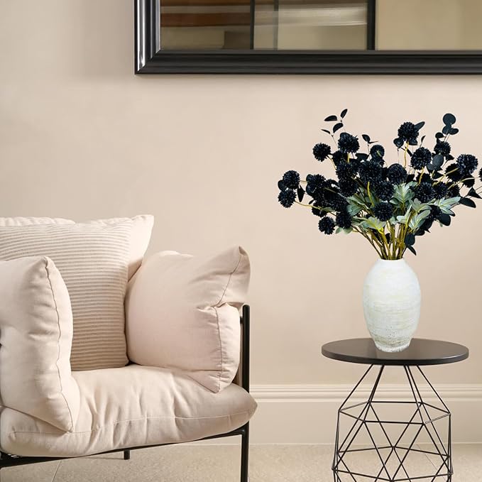 RyddeligHome Black Artificial Flowers for Centerpieces Bulk 10 Long Stems /50 Small Faux Silk Mum Balls + Black Eucalyptus Stems 2 Branches, Fall Boho Halloween Home Decor Indoor, Gothic Flowers