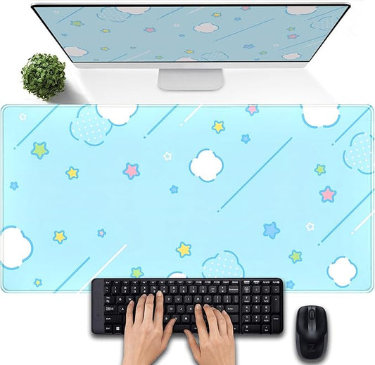 Kawaii Pastel Blue Star Grid Desk Pad, Large Gaming Mousepad & Keyboard Mat, XXL Office Desk Decor for Women, 31.5"x15.75"