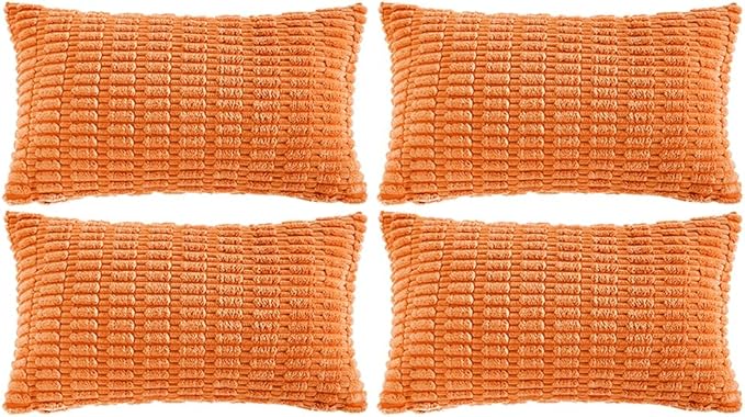 Fancy Homi 4 Packs Orange Fall Decorative Throw Pillow Covers 16x24 Inch for Couch Bed Sofa, Halloween Pumpkin Autumn Home Decor, Soft Cute Plush Corduroy Striped Cushion Case 40x60 CM
