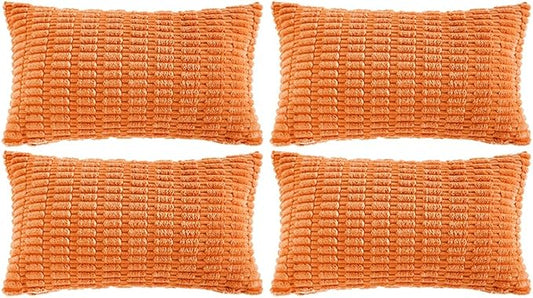 Fancy Homi 4 Packs Orange Fall Decorative Throw Pillow Covers 16x24 Inch for Couch Bed Sofa, Halloween Pumpkin Autumn Home Decor, Soft Cute Plush Corduroy Striped Cushion Case 40x60 CM