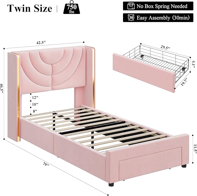 HITHOS Twin Upholstered LED Bed Frame with Storage Drawer, Velvet Kids Bed with Wingback Headboard, Princess Twin Platform Bed for Girls/Kids, Solid Wood Slats Support, No Box Spring Needed, Pink
