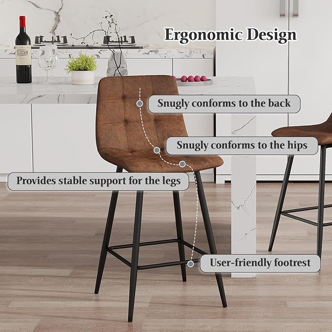 Brown Barstools Set of 2, 24.4" Counter Height Bar Stools with Back & Metal Footrest, Modern Island Chairs Set of 2 for Kitchens Island Home Bar