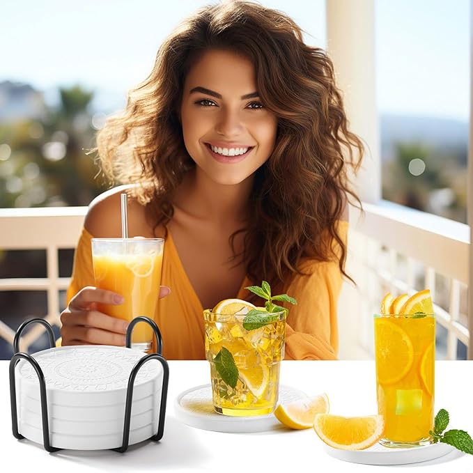 Photect Diatomaceous Earth Coasters Set with Holder Absorbent Stone Drink Coasters Instant Drying Tray for Tabletop Protection Home Decoration Housewarming Gift(White,6 Pcs)