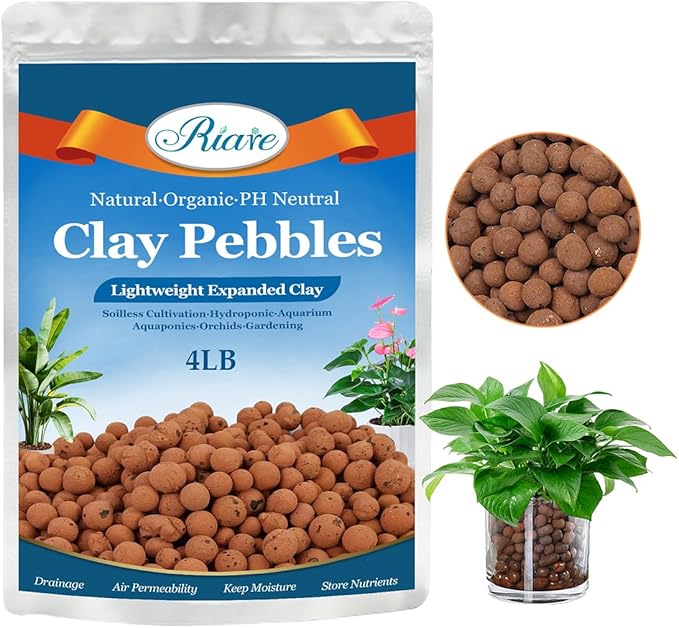 Riare 4 LBS Organic Expanded Clay Pebbles - 4mm-16mm Natural Leca Balls Lightweight Hydroponic Clay Pebbles Aggregate for Indoor Plants, Hydroponic Growing, Plants Drainage, Aquaponics
