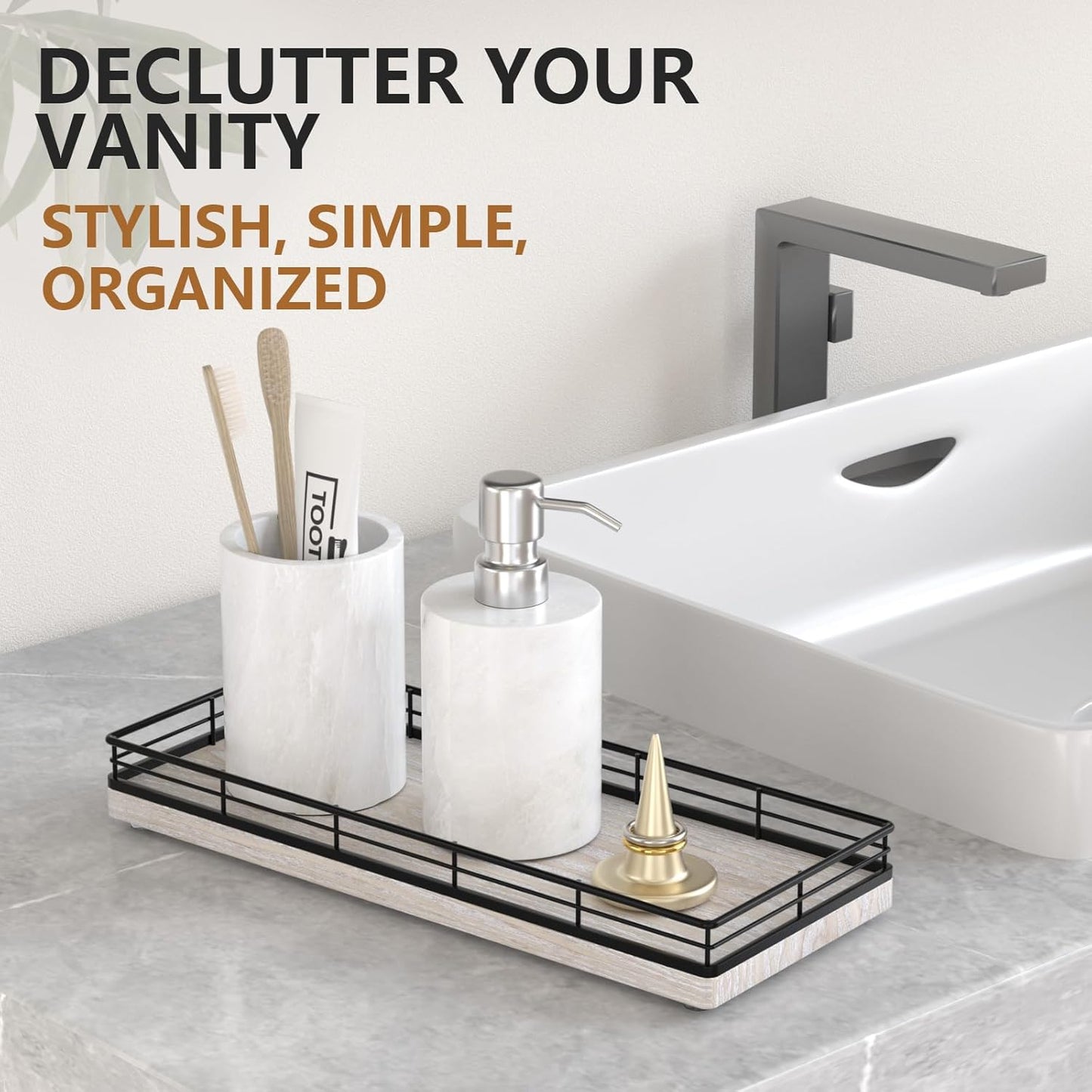 Bathroom Tray for Counter Top Organizer – Ash Wood Vanity Tray with Metal Frame for Dresser, Kitchen, Nightstand – Black & Farmhouse White Decorative Storage