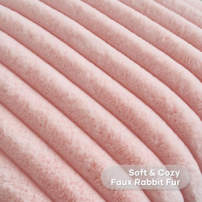 FUTEI Pink Striped Decorative Throw Pillow Covers 18x18 Inch Set of 2,Square Fall Decorations Couch Pillow Case,Soft Cozy Faux Rabbit Fur & Velvet Back,Modern Home Decor for Bed