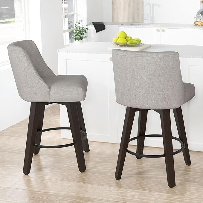 Counter Height Bar Stools Set of 2, 360°Swivel Upholstered Barstools with Back and Solid Wood Legs, 26" H Seat Height, Fabric in Fog Grey