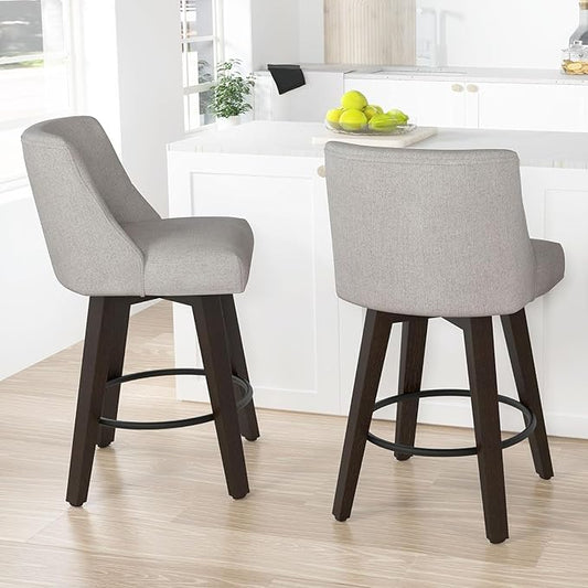 Counter Height Bar Stools Set of 2, 360°Swivel Upholstered Barstools with Back and Solid Wood Legs, 26" H Seat Height, Fabric in Fog Grey