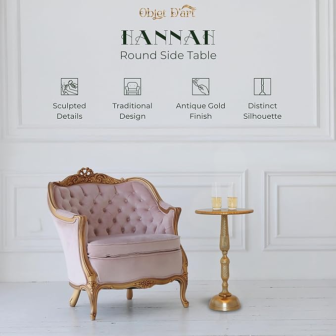 OBJET D'ART Small Round Gold Side Table, Hannah, 20" Height, Vintage Metal Accent, Side, Pedestal, Coctail and Drink Tables for Living Room and Small Spaces