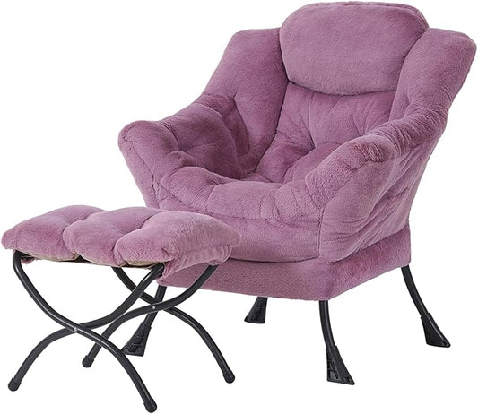 Welnow Lazy Chair with Ottoman, Modern Lounge Accent Chair with Armrests and a Side Pocket, Leisure Sofa Armchair Set, Reading Armchair with Footrest for Small Space, Plush Purple