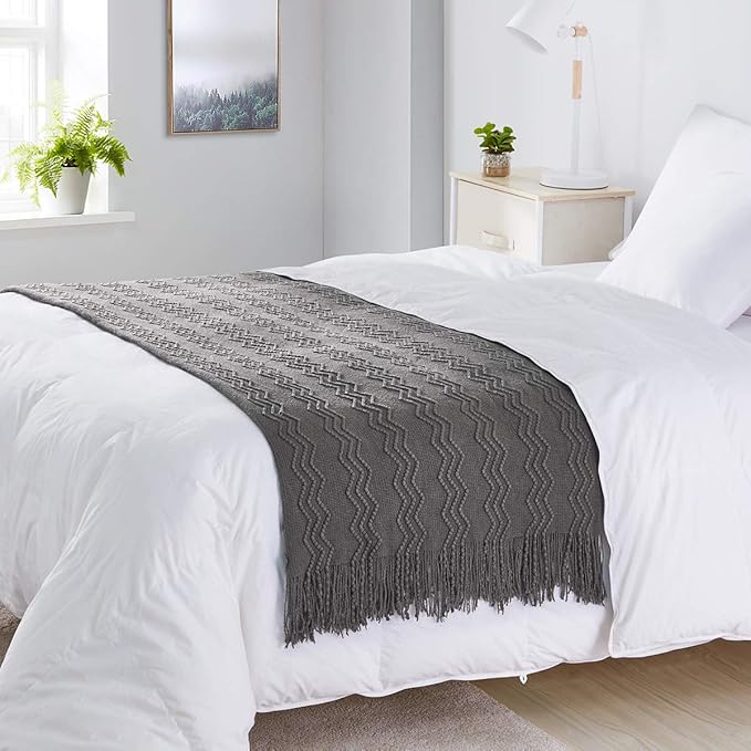 BOURINA Dark Grey Throw Blanket 50 x90 Inches Throw Textured Solid Soft Sofa Throw Bed Runner Couch Cover Knitted Decorative Blanket Bed Runner