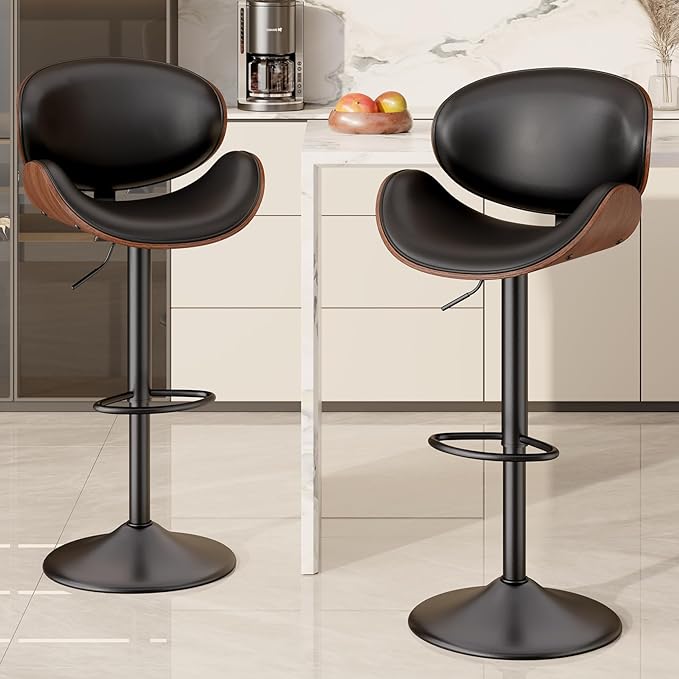 Swivel Bar Stools Set of 2, Seat Adjustable Height 23.5-32.5IN Bentwood Barstools with Back & Footrest, PU Leather Upholstered Counter Height Bar Chairs for Bar Kitchen Dining Room, Black
