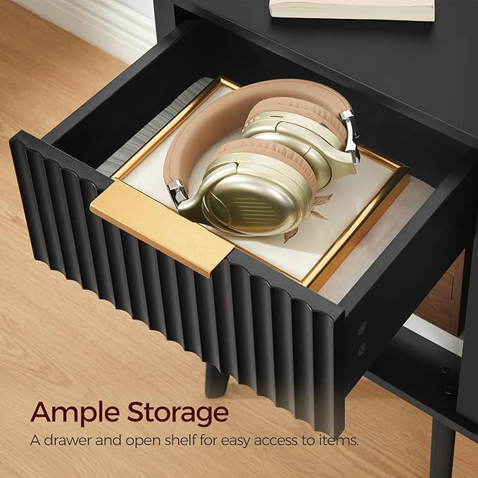 End Table, Fluted Night Stand, Modern Side Table, Bedside Table with 1 Drawer and 1 Open Compartment, Mid Century Nightstand, for Living Room, Bedroom, Study, Office, Black ETBK6201