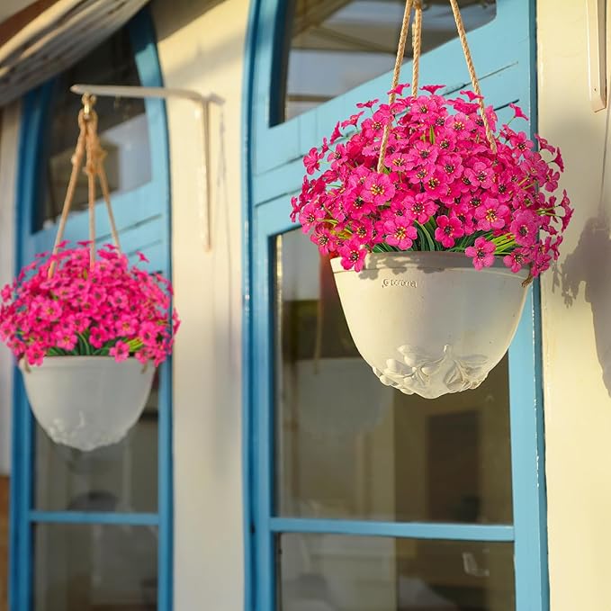 Outdoor Artificial Flowers 21 UV Resistant Bundles Fake Flower Plastic Plants Faux Silk Flowers Porch Hanging Garden Porch Window Box Decorating (Rose Red)