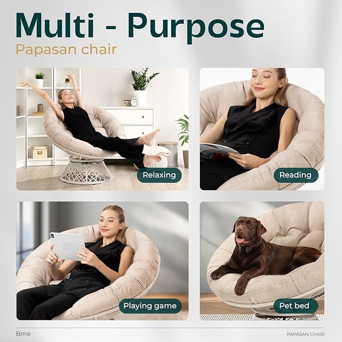 Bme 40" Ergonomic Wicker Papasan Chair with Soft Thick Cushion & Frame, 360° Swivel, Circle, Reading, Comfy Chair for Living Room, Bedroom