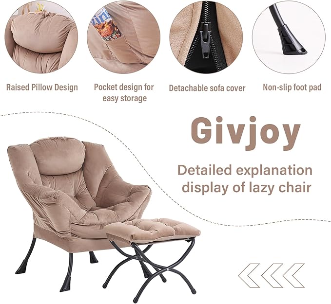 Lazy Chair and Ottoman, Large Accent Lounge Chair with Armrests and a Side Pocket, Modern Leisure Upholstered Sofa Reading Armchair with Footrest for Bedroom, Living Room, Dorm Rooms, Office